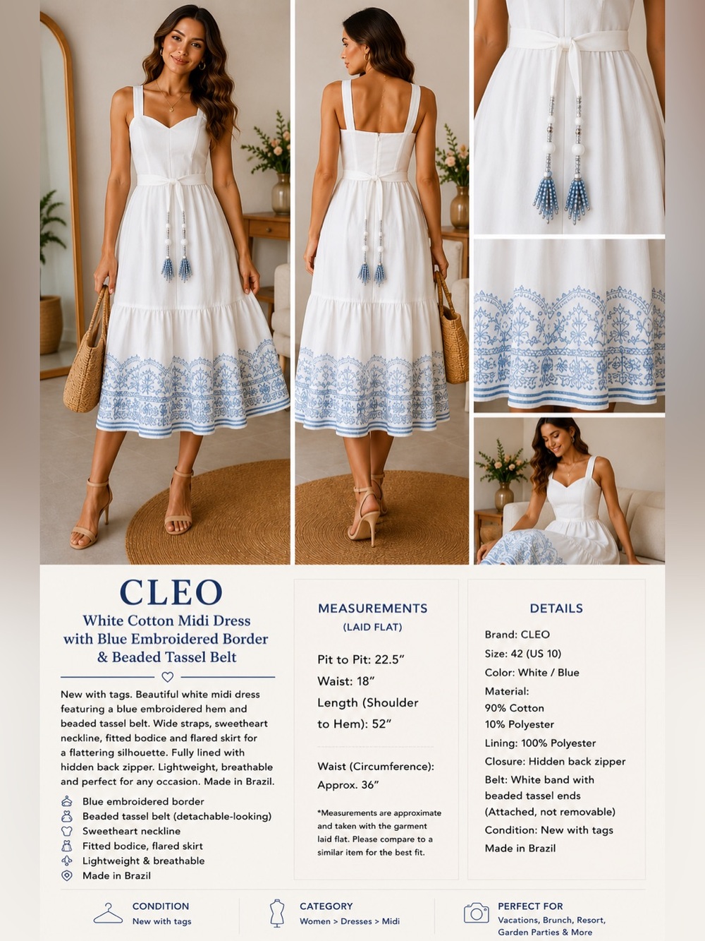 Cleo White Cotton Midi Dress Blue Embroidery Beaded Tassels NWT Size 42